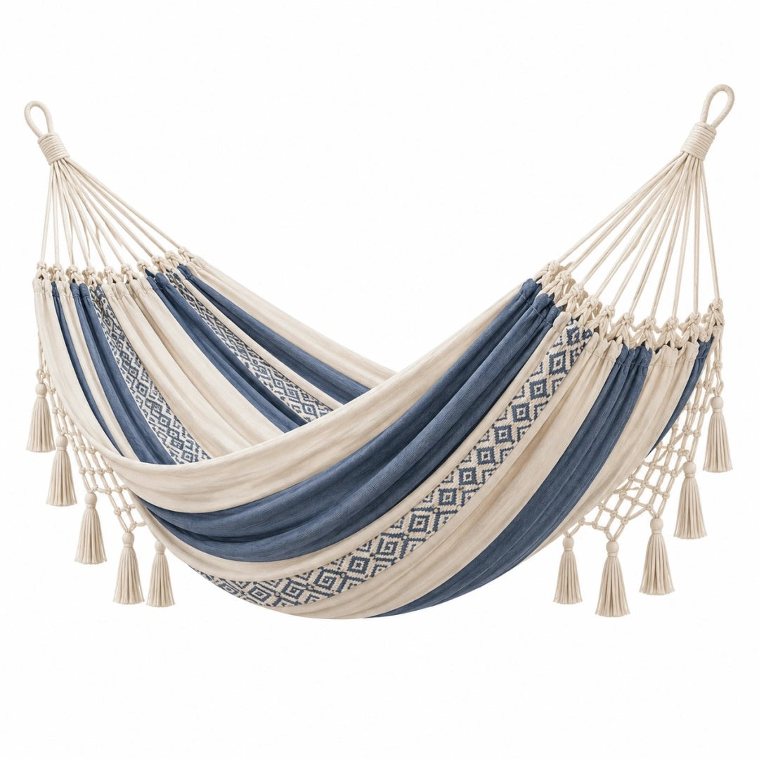 Hängematte 200 x 100 cm Baumwolle Blau Creme mit Fransen für Garten und Balkon