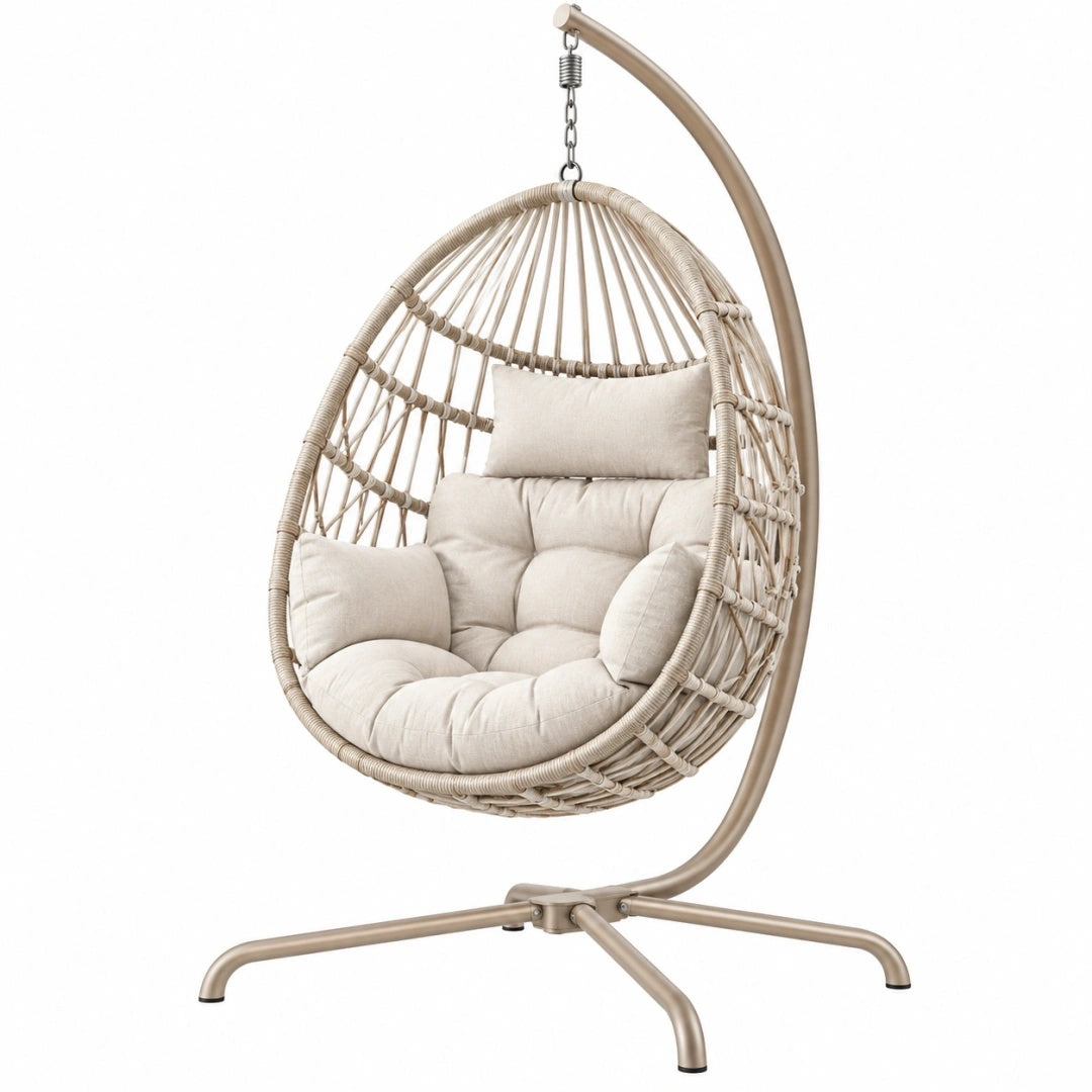 Hängesessel 105 x 105 x 195 cm mit Metallgestell Geflecht Beige für Terrasse und Garten