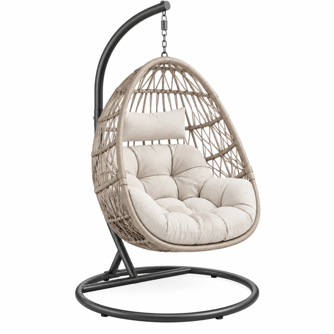 Hängesessel 105 x 105 x 195 cm Kunststoffgeflecht Beige mit Stahlgestell schwingend