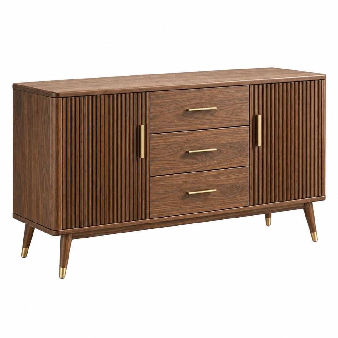 Sideboard 160 x 45 x 85 cm in Walnussbraun Holzwerkstoff mit Rillenfront und Schubladen