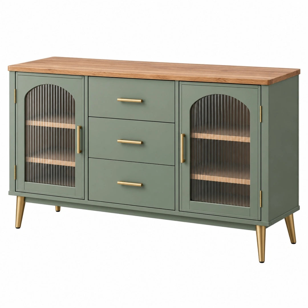 Sideboard 160 cm Grün Holzwerkstoff mit Glas Türen und Schubladen im Retro Stil