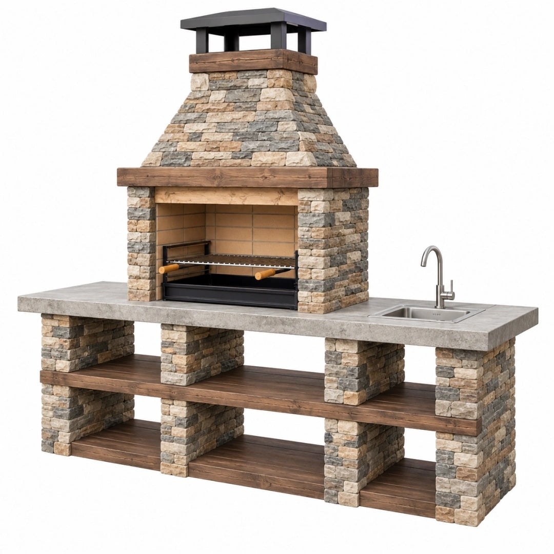 Grillküche 220 x 70 x 250 cm Naturstein Holz Edelstahl für den Außenbereich mit Grillkamin und Spüle