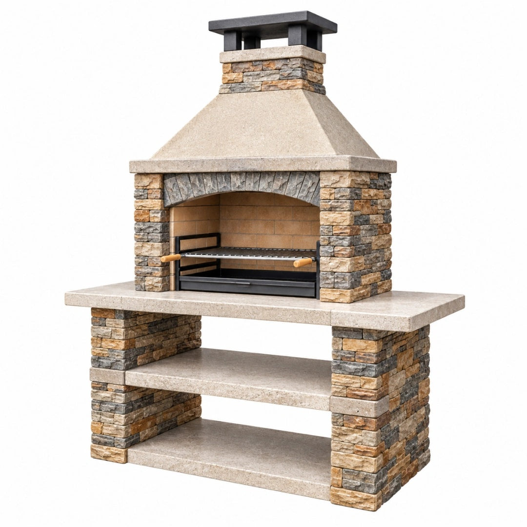 Gartengrillkamin 150 x 75 x 220 cm Stein Beige Braun mit Grillrost und Ablage