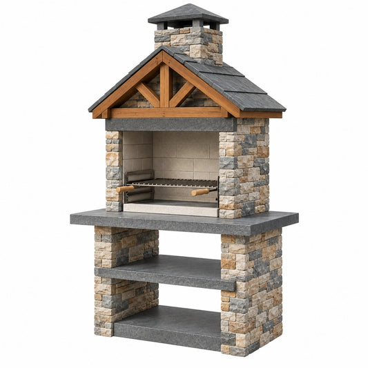 Gartenkamin 120 x 70 x 220 cm aus Naturstein Grau Braun mit Grillrost und Holzüberdachung
