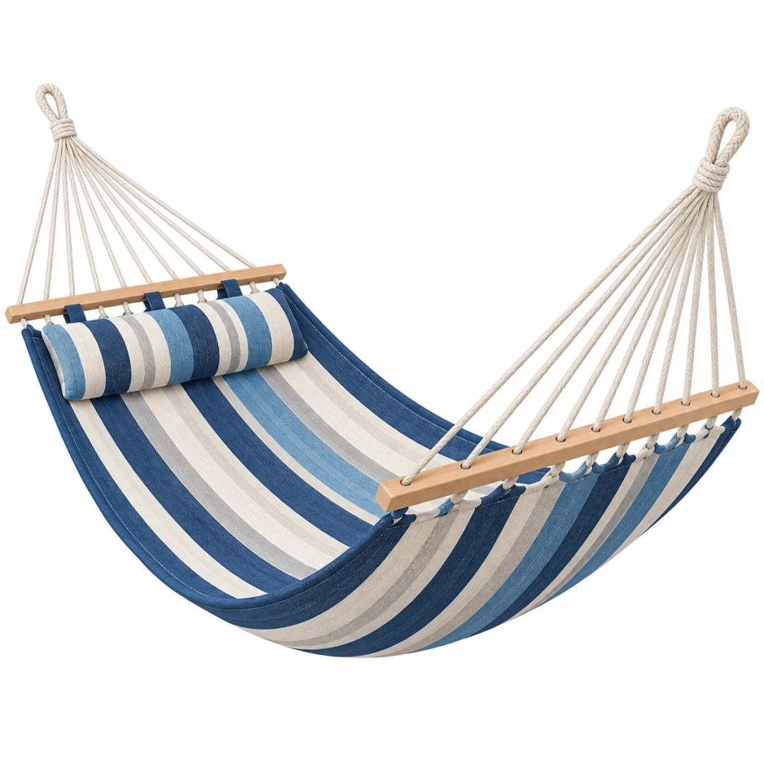 Stabhängematte 320 cm x 140 cm aus Baumwolle Blau Weiß gestreift mit Holzspreizstäben