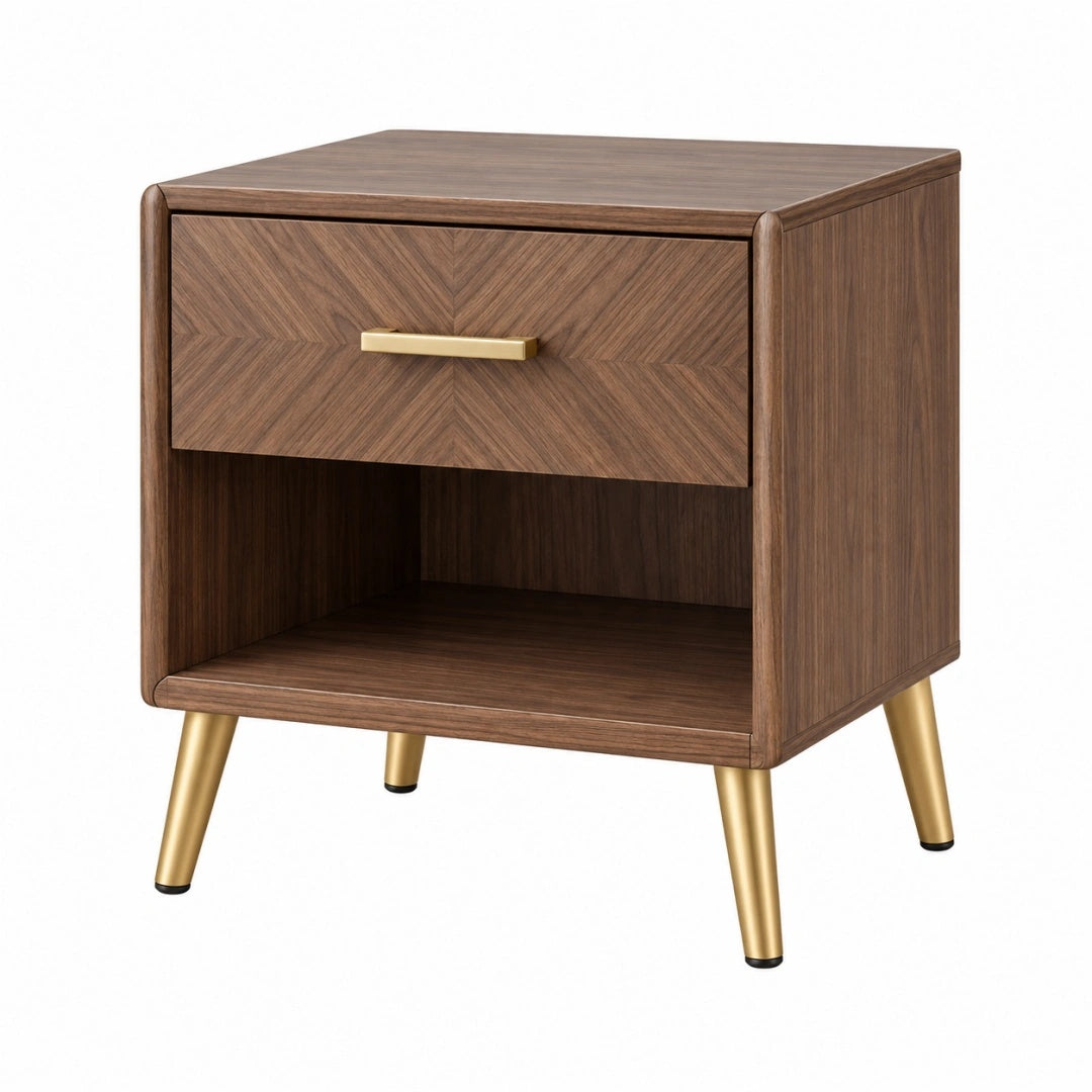 Nachttisch 50 cm Holz und Metall nussbraun mit Schublade und offenem Fach