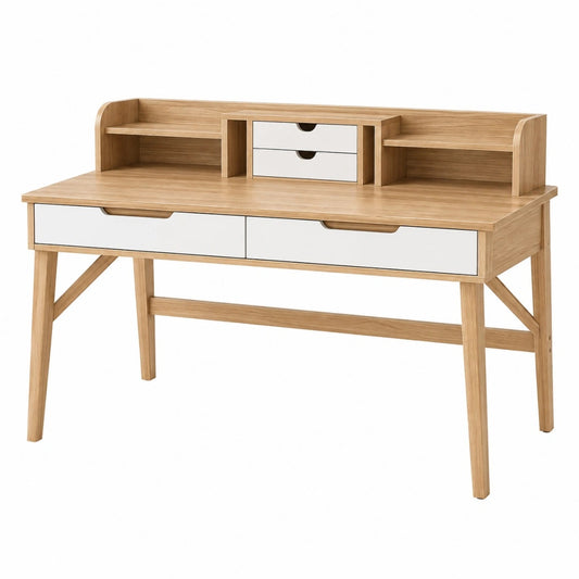 Schreibtisch 120 x 60 x 103 cm Holzoptik Weiß mit Schubladen und Aufsatz
