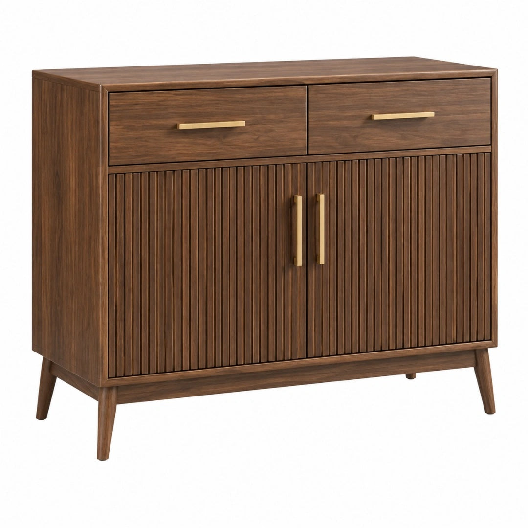 Sideboard 100 x 45 x 100 cm aus Holz in Walnussbraun mit Rillenfront im Mid-Century-Stil